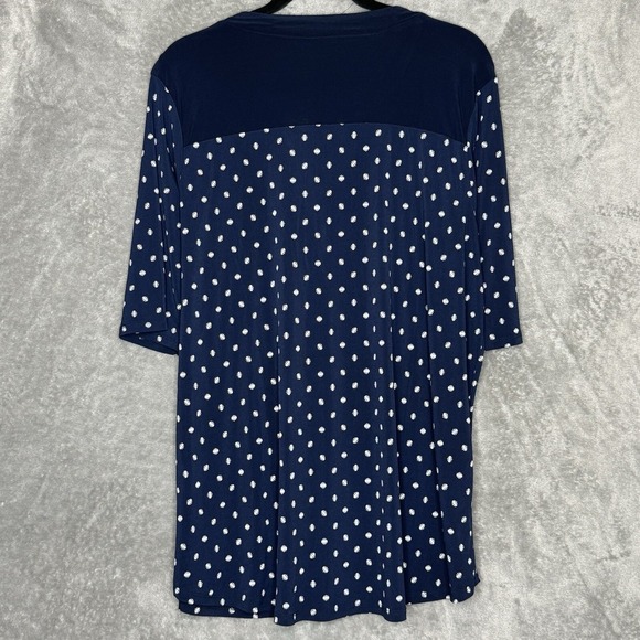 Elie McCarthy 2X Top Shirt Navy Blue Polka Dot Button Up  V Neck Short Sleeve - Picture 4 of 7